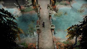 The player character runs across a bridge during daylight in V Rising