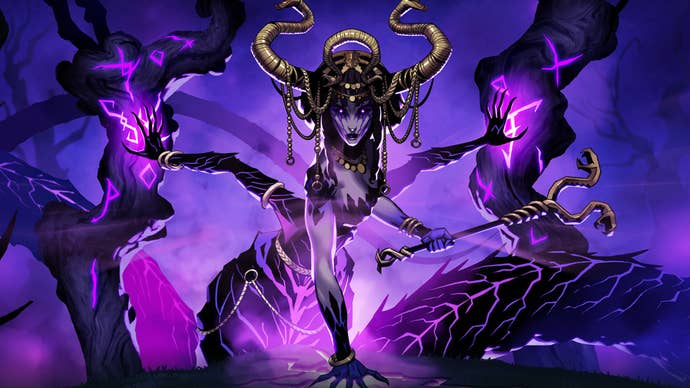 A serpentine woman glowing purple in some corrupt looking woods in key art for V Rising.