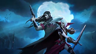 Artwork for the vampire game V Rising. Two anime-style vampires, one holding a pistol, one holding a sword, stand prepared for battle in front of a huge full moon.