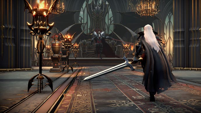 A screenshot from V Rising. We see a caped, white-haired vampire walking down a carpeted hallway, sword drawn, towards the imposing, winged figure of Dracula.