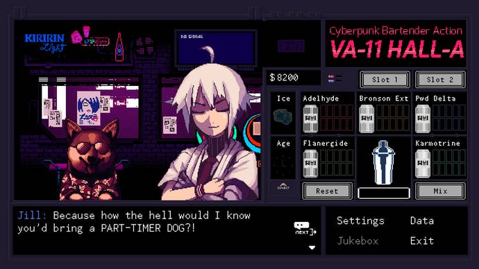Jill speaking to the player at the bar in VA-11 Hall-A