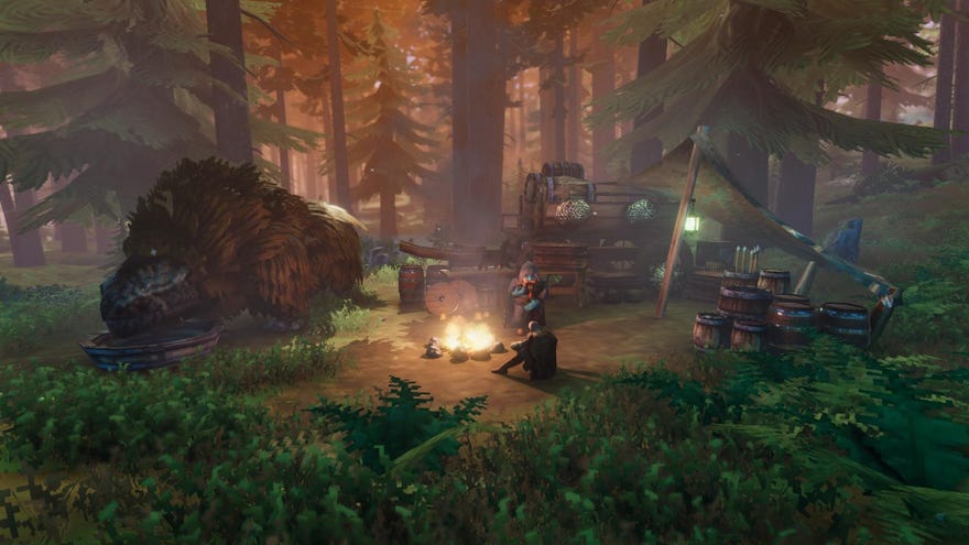 A Valheim screenshot of a player sitting by a firepit next to a Merchant and their cart.