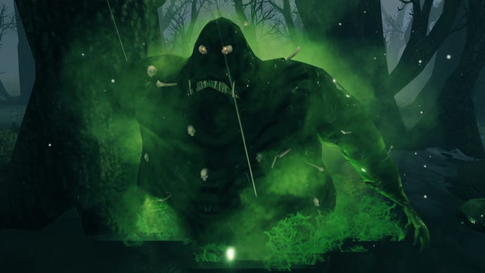 A Valheim screenshot of Bonemass, the third boss, rising from the ground in a Swamp biome.