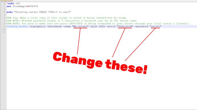 A screenshot of Valheim’s “start_headless_server” file, with the sections you need to change highlighted.