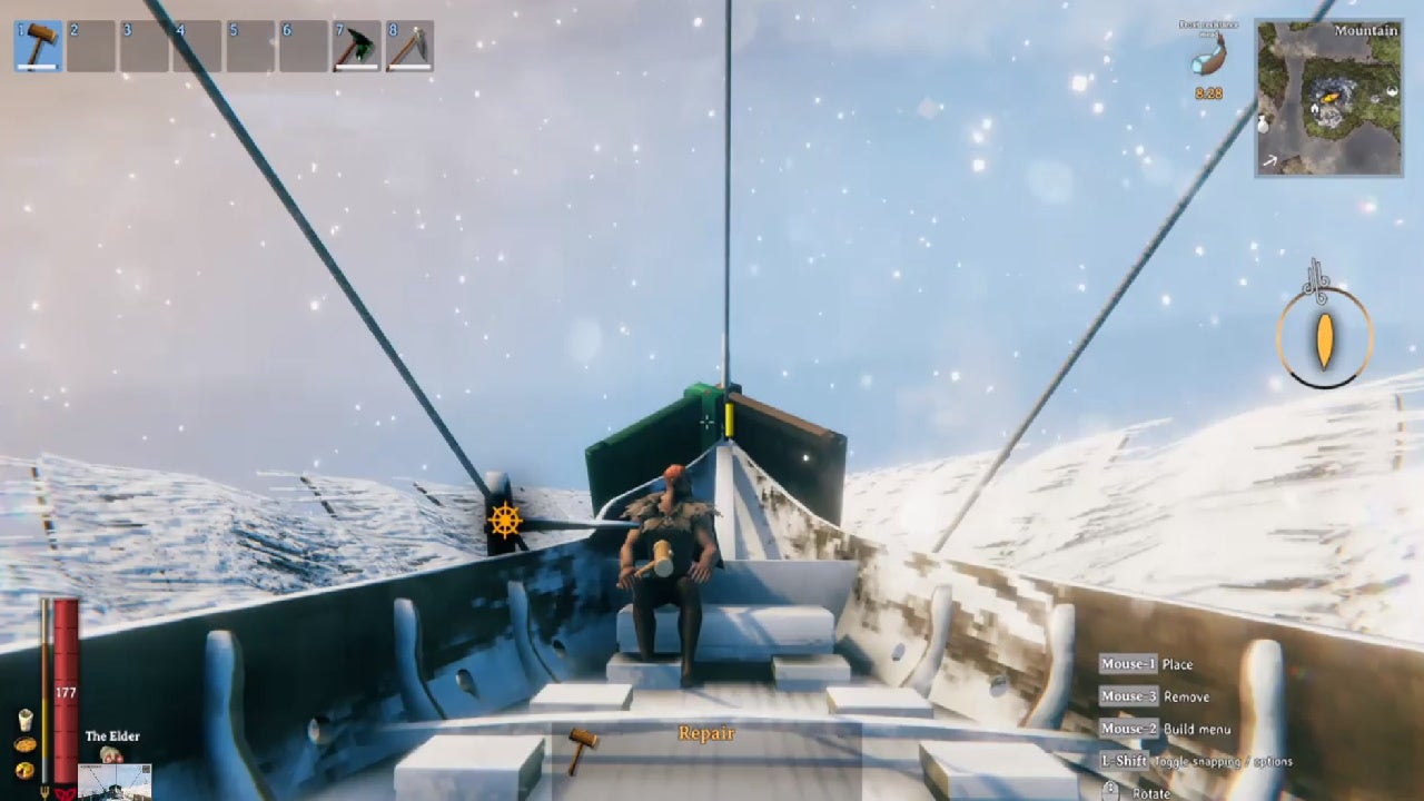 A Valheim screenshot which shows a player in a longboat, prepping for their descent down a huge mega-ramp.