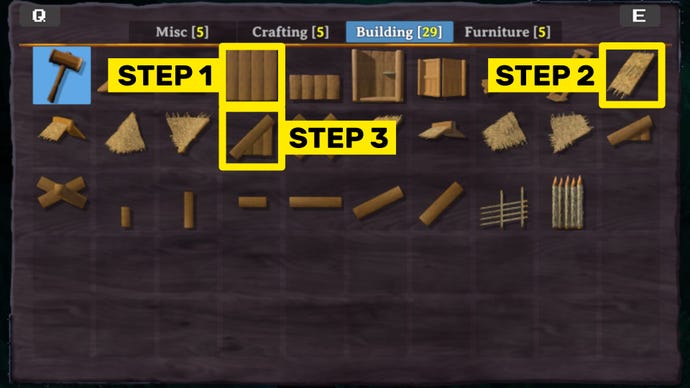 A Valheim screenshot of the building menu, with the three building parts required to create a basic roof for a Workbench highlighted.