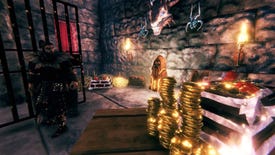 Valheim - A viking player stands in a stone vault decorated with piles and stacks of gold coins.
