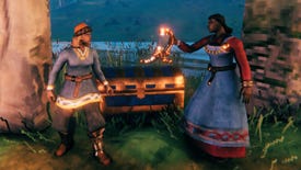 Two characters in Valheim, one of whom is holding some sort of ornamental horn.