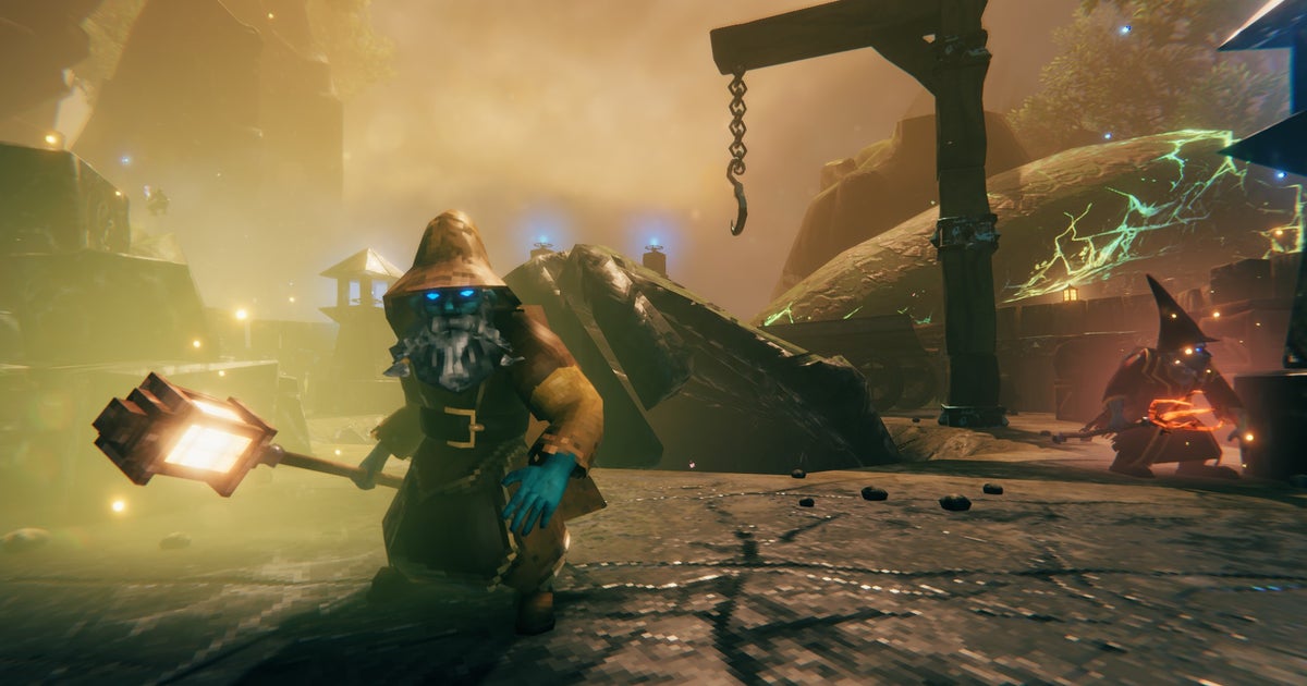 Valheim Mistlands update - a dwarf holding a lantern in a brown rocky biome
