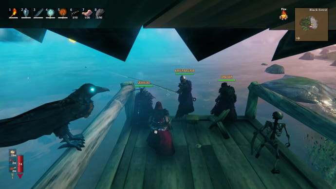 A group of players partake in some fishing, as a raven watches on in Valheim Mistlands.