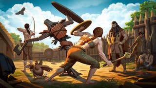 An illustration of Vikings training in a yard. They are muscular and bearded.