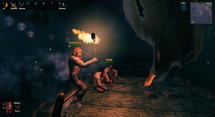 A Valheim screenshot which shows us on the raft at night, Ragnar takes control while Sigmund and I sit down in the cold.