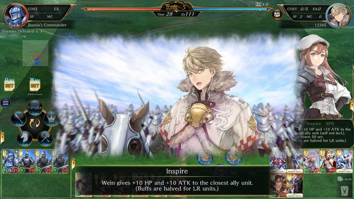 A blonde anime knight inspires his troops in Valiant Tactics EX