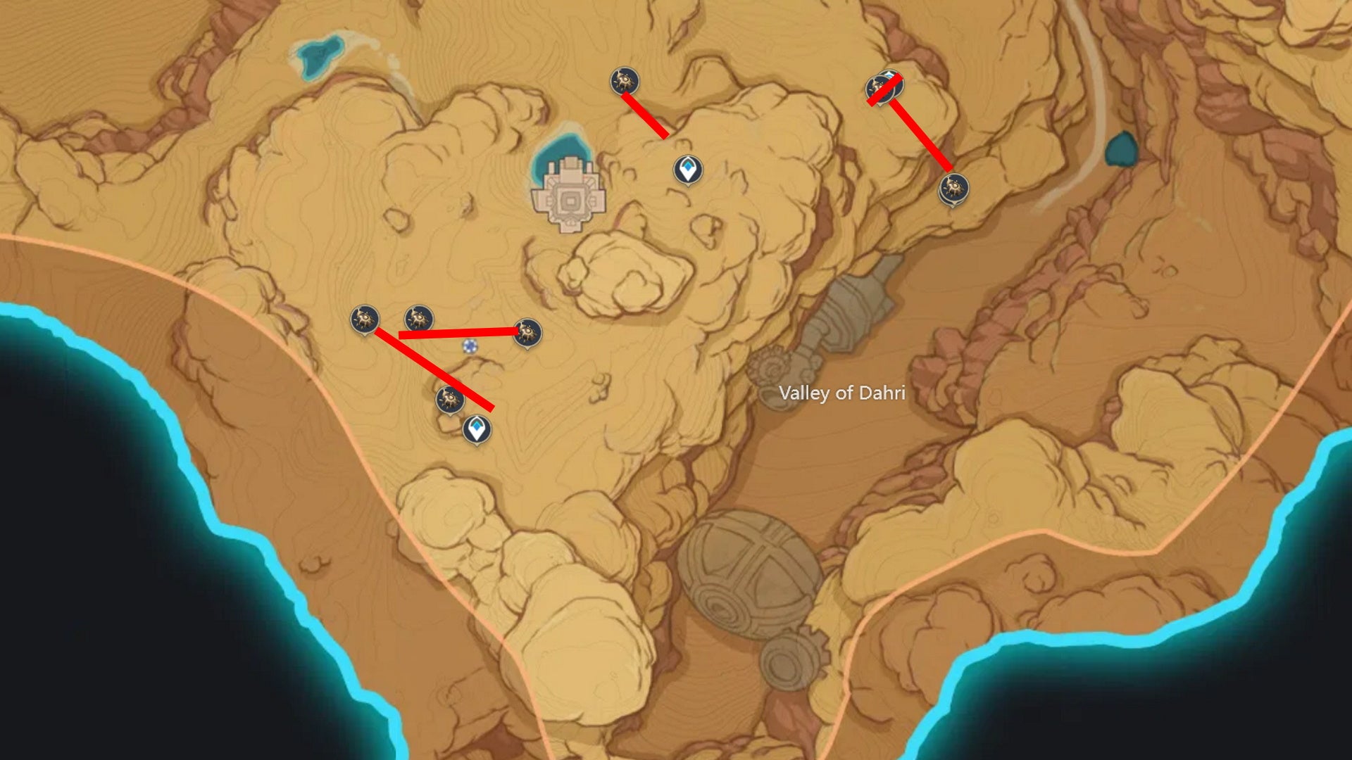 Genshin Impact Scarab locations: A map showing scarab farm routes near Valley of Dahri