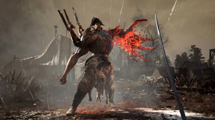 A Napoleonic soldier with mutated arms and a massive stature prepares to attack the player.