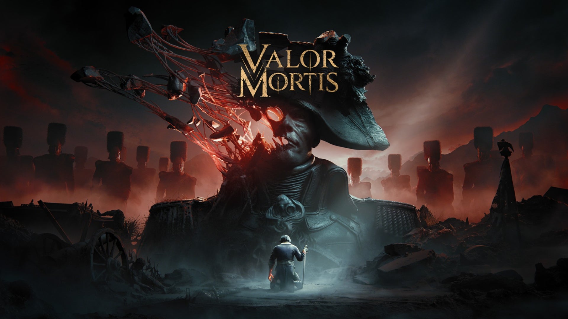 Someone kneeling in front of an eerily scrambled Napoleonic statue in Valor Mortis. - 1