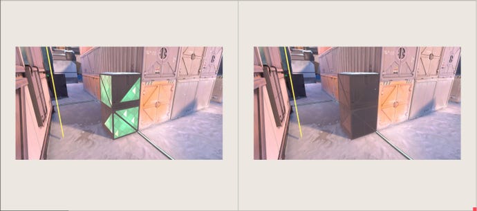 B-Site on Valorant map Icebox. A picture on the left has the old bangable box, the right is the no-longer bangable box.