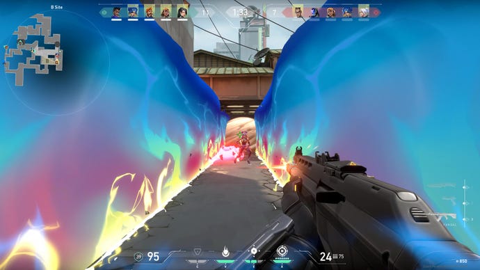 I stand in Neon’s flame wall in Valorant.