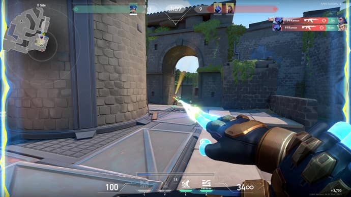 Neon zaps an enemy with her electro-fingers in Valorant.