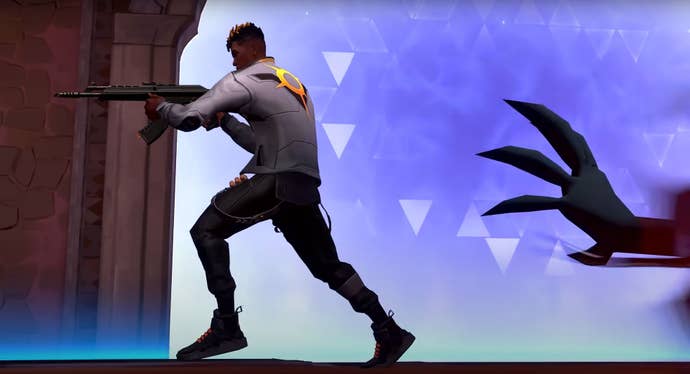 A man running in Valorant while a shadowy robot hand reaches out to grab him.