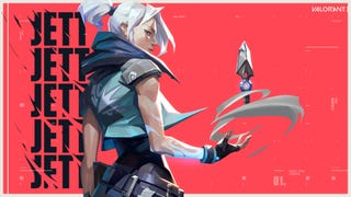 Valorant's Jett spinning one of her knives against a bright pink background.