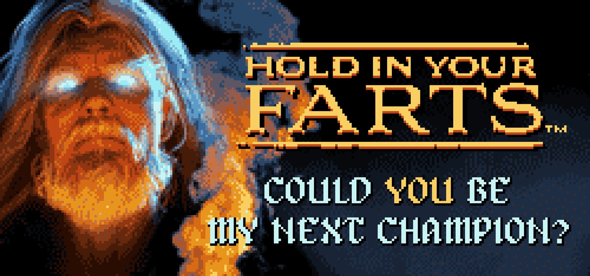 An old man with glowing eyes gurns at the viewer next to a game name, &ldquo;Hold In Your Farts."