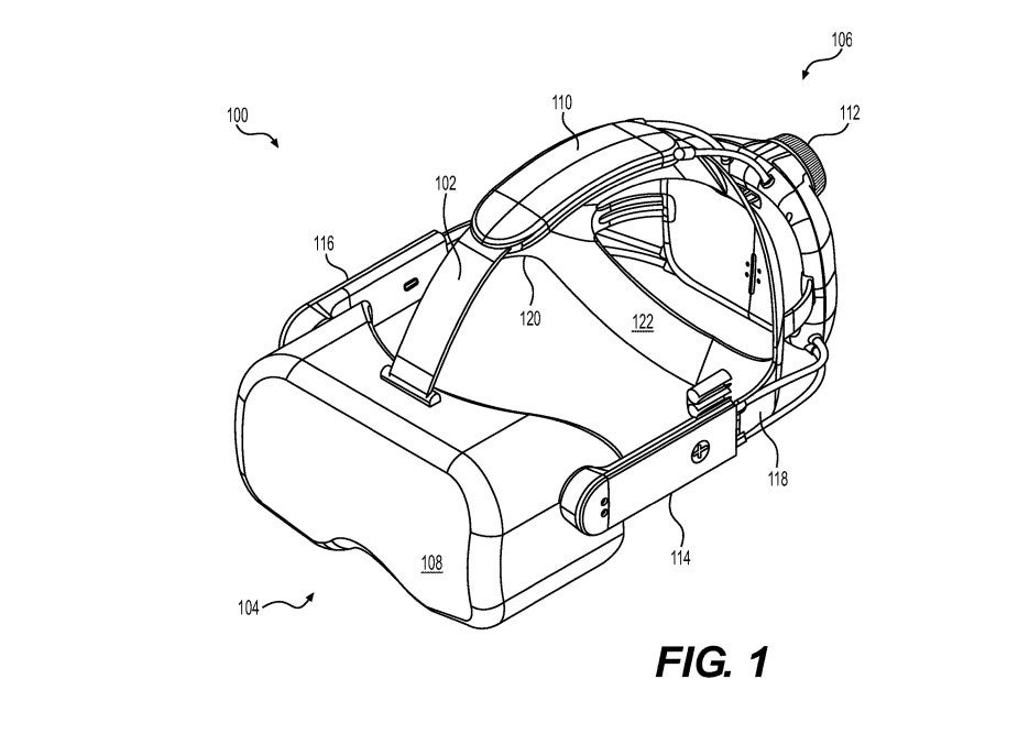 An isometric line drawing of a VR headset from a patent filing by Valve.