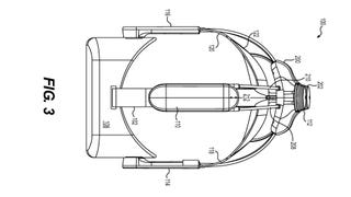 A top-down line drawing of a VR headset from a patent filing by Valve.