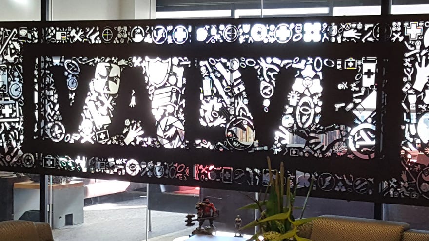 A wall sign for Valve in the company’s Bellevue, Washington office.