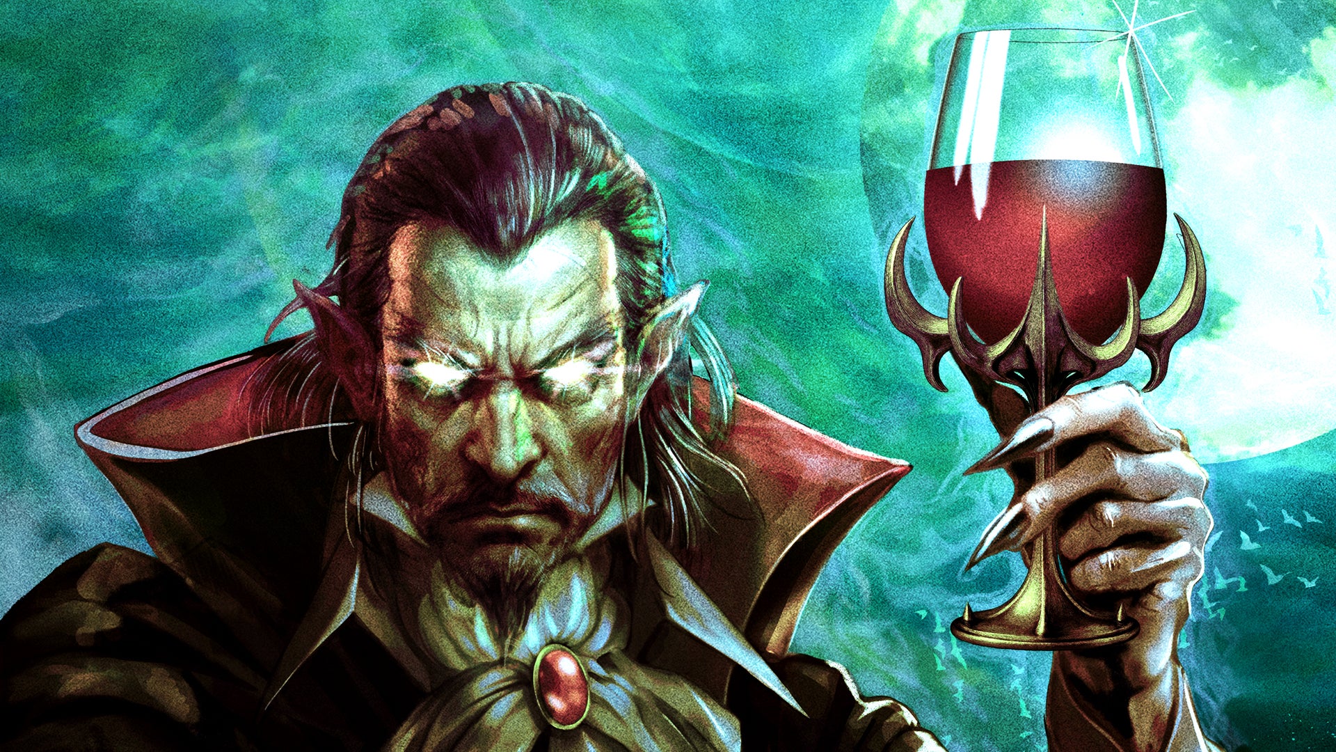Vampire Crawlers artwork showing a vampire raising a glass of wine (blood?) against a moonlit night sky.