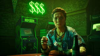 A rough-looking older lady sits at a table in an arcade, smoking a cigarette and drinking a beer. She wears a shell suit jacket and has deep scars scored across her face as if in a pattern. A lurid green dollar sign blares from the brick wall behind her.