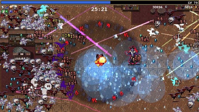 Hellish bullet hell in a Vampire Survivors screenshot.