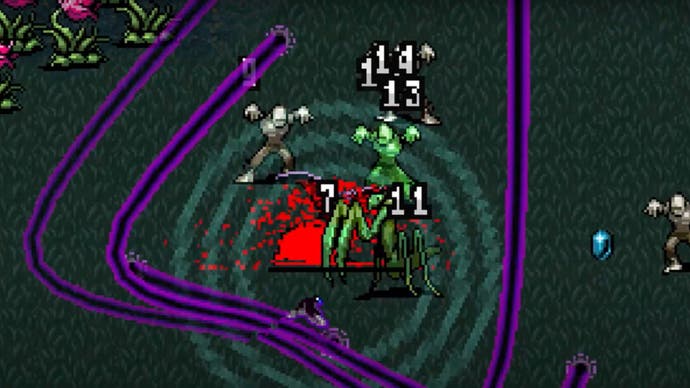 Vampire Survivors screenshot showing enemies swarming an attacking character obscured by a large spray of blood.