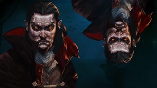 Official Vampire Survivors art showing a red-eyed vampire next to his identical vampire friend, who is upside down.