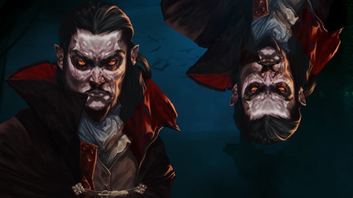 Official Vampire Survivors art showing a red-eyed vampire next to his identical vampire friend, who is upside down.