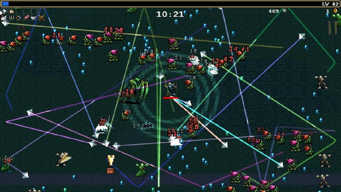 A frantic battle with plant enemies in Vampire Survivors