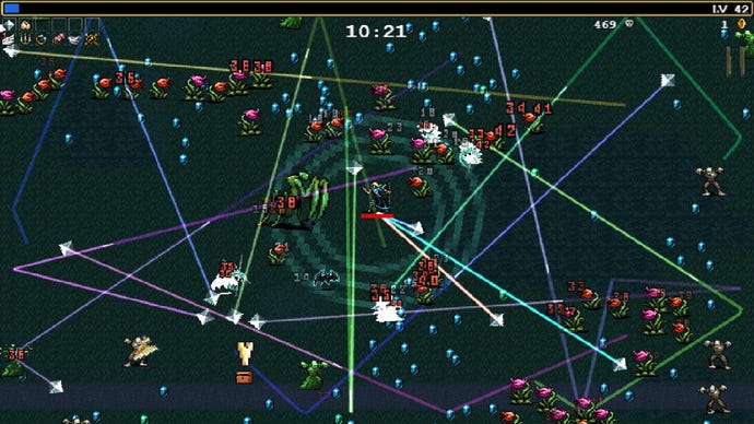 A frantic battle with plant enemies in Vampire Survivors