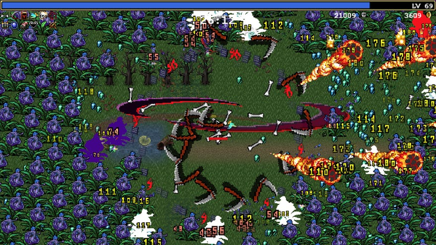 Hellish bullet hell in a Vampire Survivors screenshot.