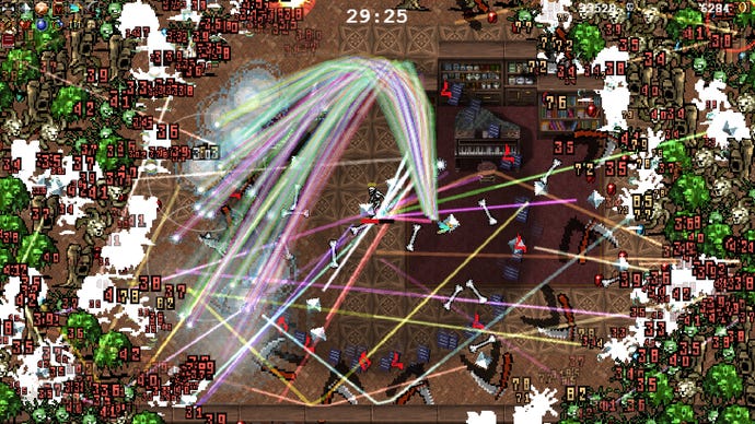 Hellish bullet hell in a Vampire Survivors screenshot.