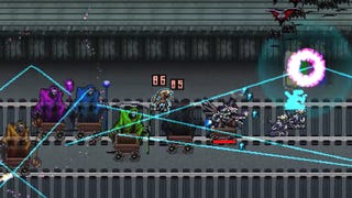 A Vampire Survivors screenshot showing monsters go-cart racing along a train track.