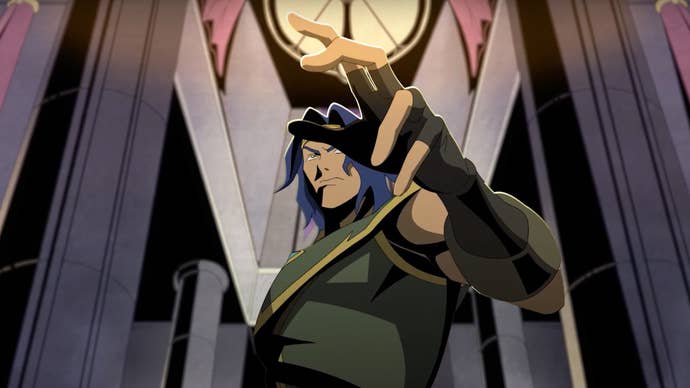 A screenshot from the Vampire Survivors: Ode to Castlevania DLC animated trailer, showing a character standing in Dracula’s cavernous hall and reaching out his hand.