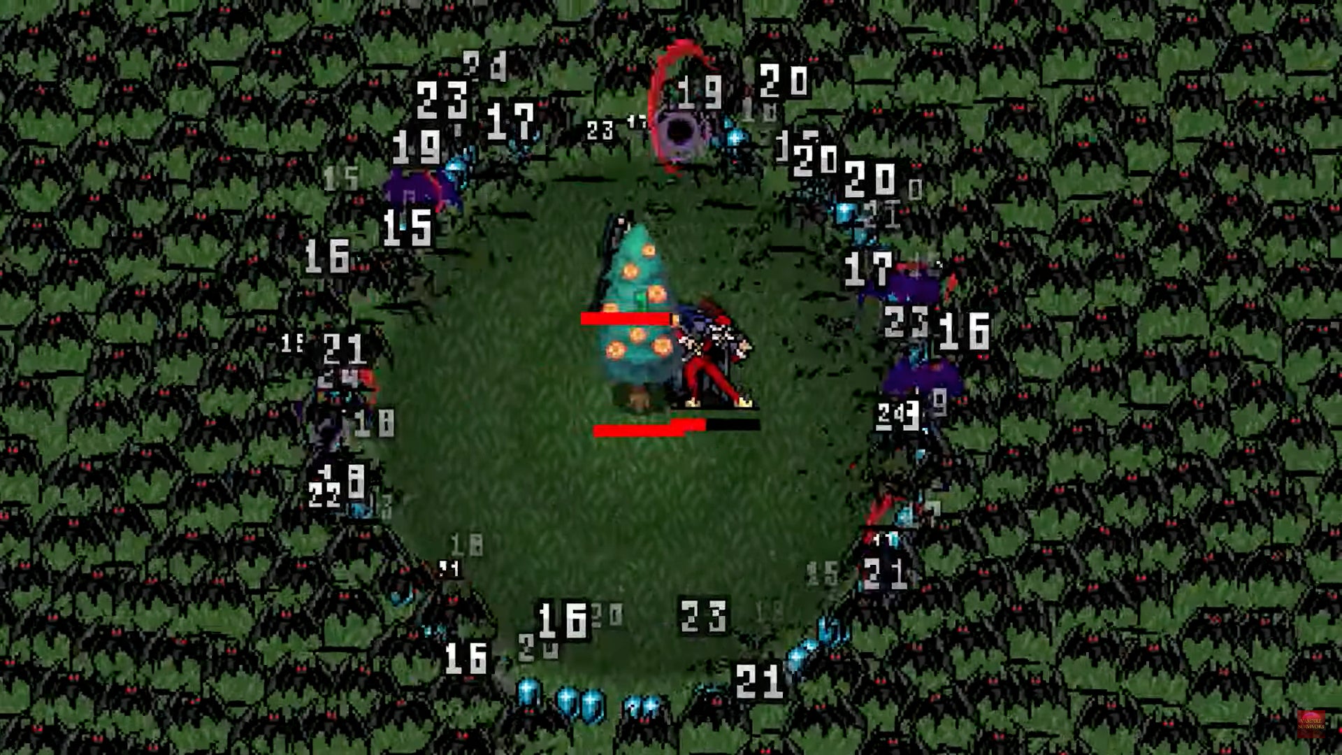 Two players decimate a ring of bats in Vampire Survivors couch co-op gameplay - 1