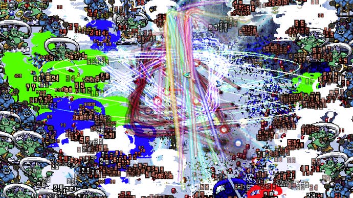 Colourful violence in a Vampire Survivors screenshot.