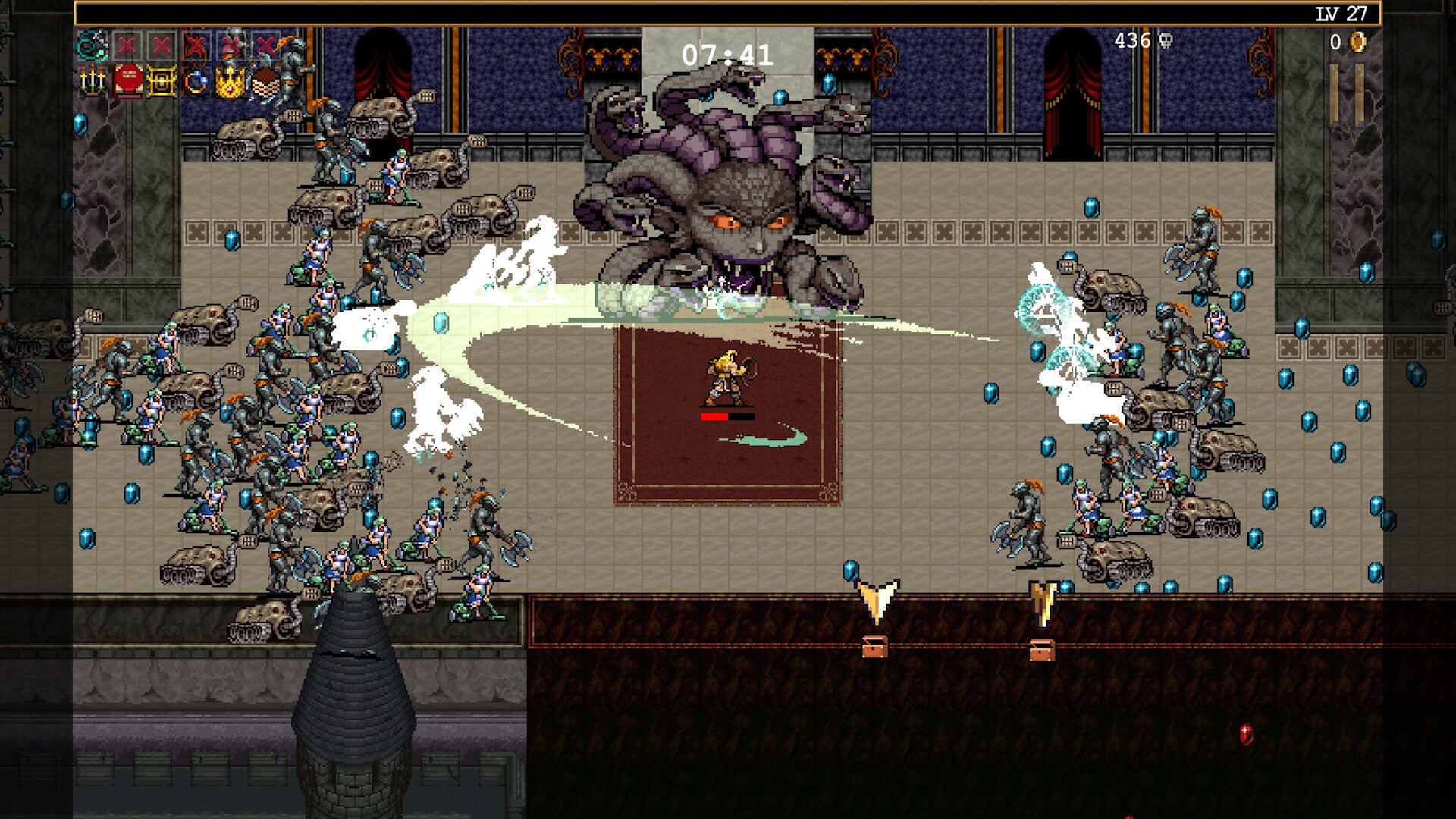 Alucard stands against a massive Medusa head and between two hordes of enemies in Vampire Survivors' Ode To Castlevania DLC. - 1