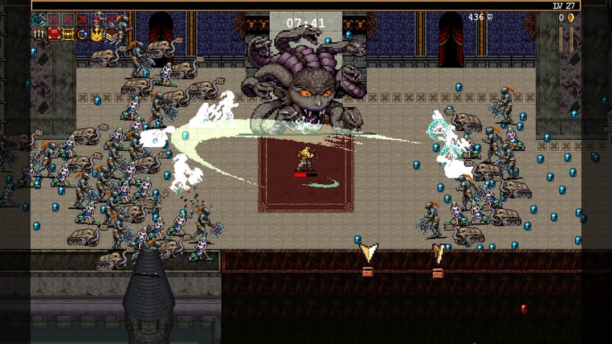 Alucard stands against a massive Medusa head and between two hordes of enemies in Vampire Survivors' Ode To Castlevania DLC.