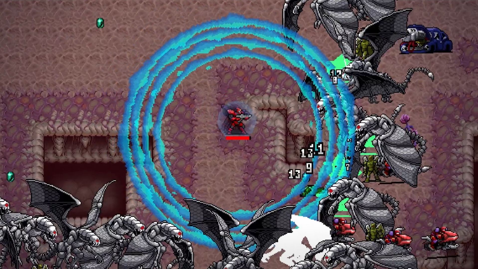 A character from the Vampire Survivors DLC Operation Guns generating a big energy field and attacking some gargoyles - 1