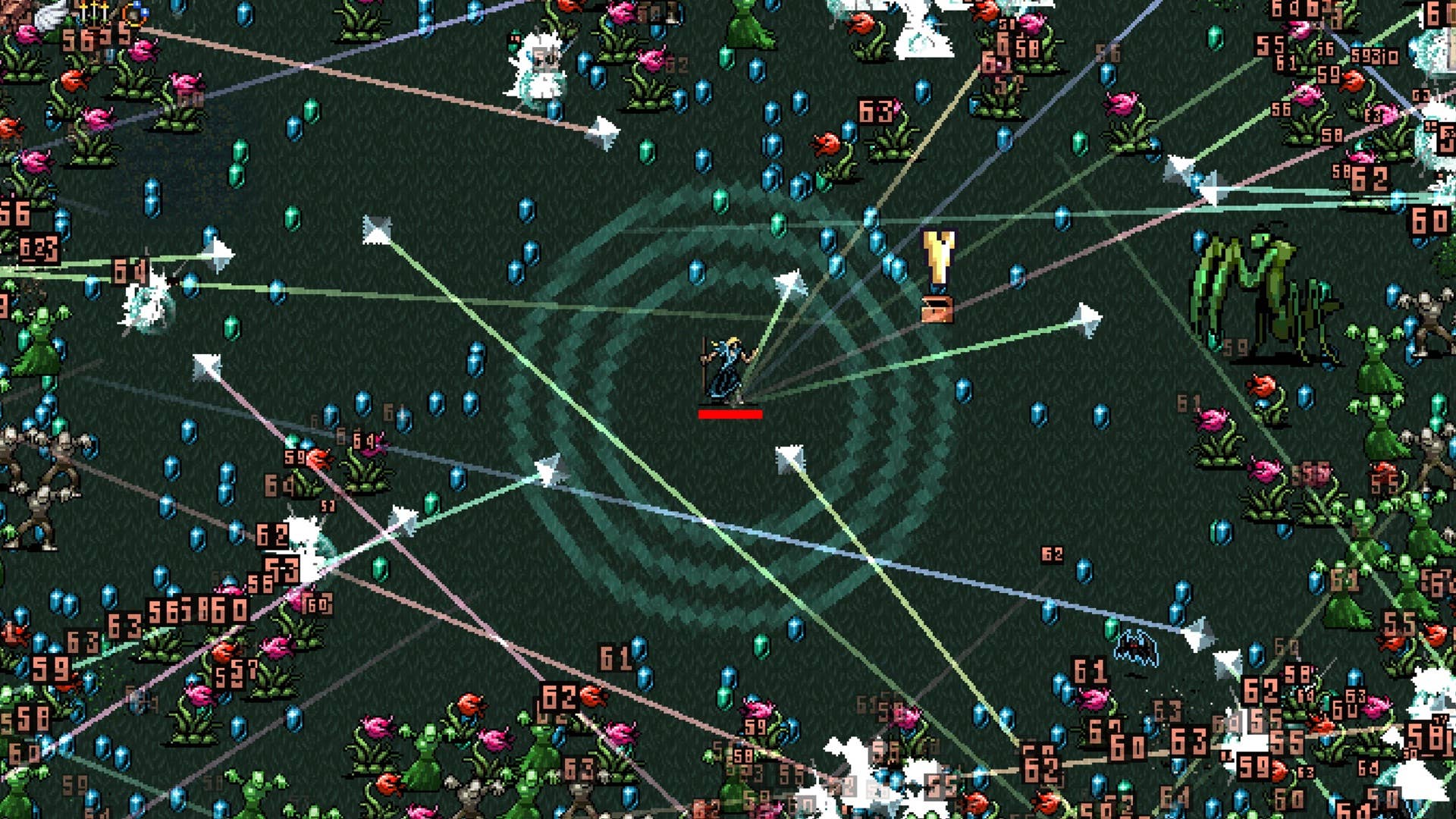 A chaotic Vampire Survivors screenshot showing the player in the centre of a field-like stage as hundreds of monsters swarm toward them, gems scattering, and spell attacks flying in all directions.
