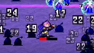 A screenshot of Vampire Survivors' Space 54 update showing new character Space Dude dashing across the screen as damage numbers appear all around him.