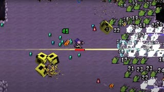 A spaceman shoots a phaser at aliens rendered as 2D sprite art in Vampire Survivor's Space 54 update.