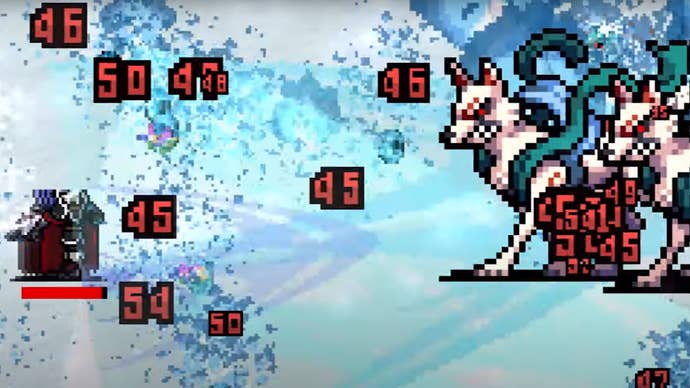 A Vampire Survivor hits a bit fox monster with the new Glass Fandango weapon in the game’s Whiteout update